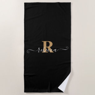 Serviette De Plage Élégant Noir Monogramme Or Nom du script