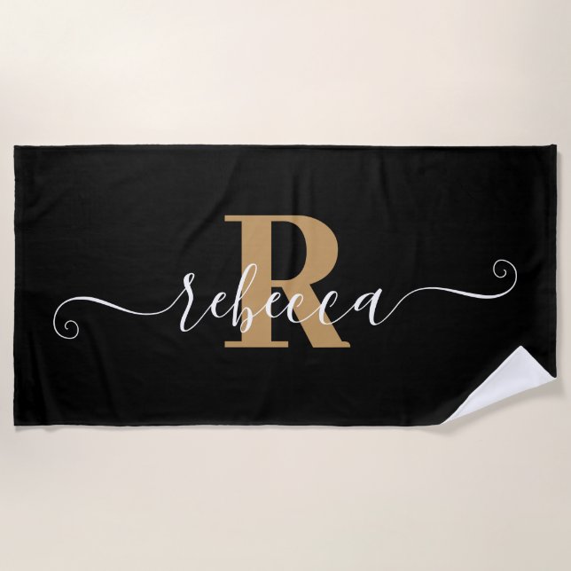Serviette De Plage Élégant Noir Monogramme Or Nom du script (Devant)