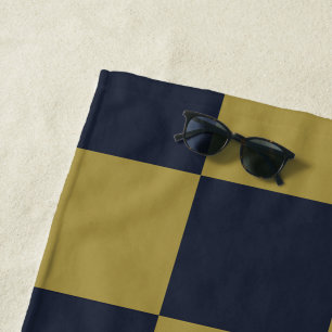 Serviette De Plage Elégant or et bleu marine À damiers Motif