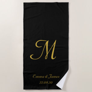 Serviette De Plage Élégant or et noir Monogramme Nouveaux mariés Nom