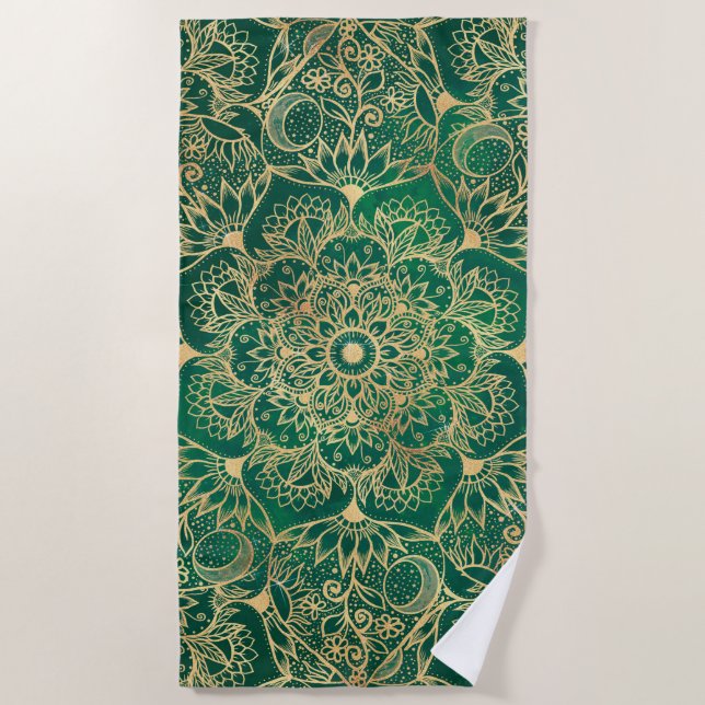 Serviette De Plage Elégant or Floral Mandala Green Design (Devant)