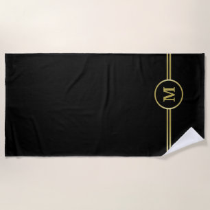 Serviette De Plage Élégant or Monogramme personnalisé sur noir