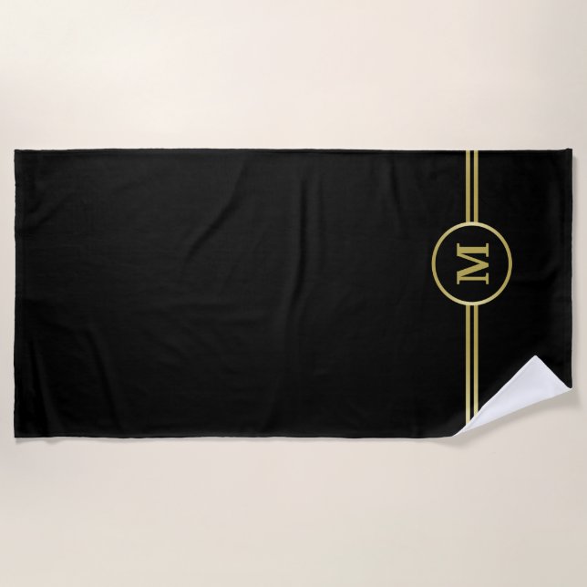 Serviette De Plage Élégant or Monogramme personnalisé sur noir (Devant)
