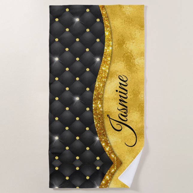 Serviette De Plage Élégant or noir faux rhinocéros monogramme (Devant)