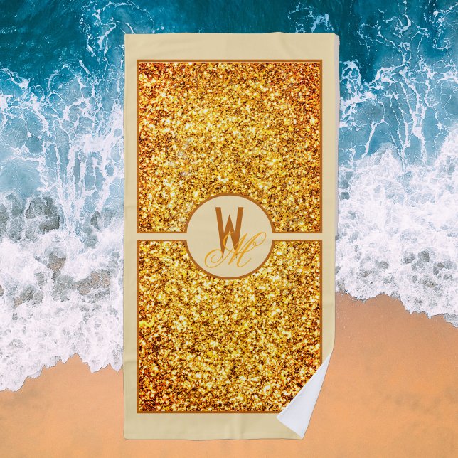 Serviette De Plage Élégant orange jaune Parties scintillant Monogramm (Créateur téléchargé)