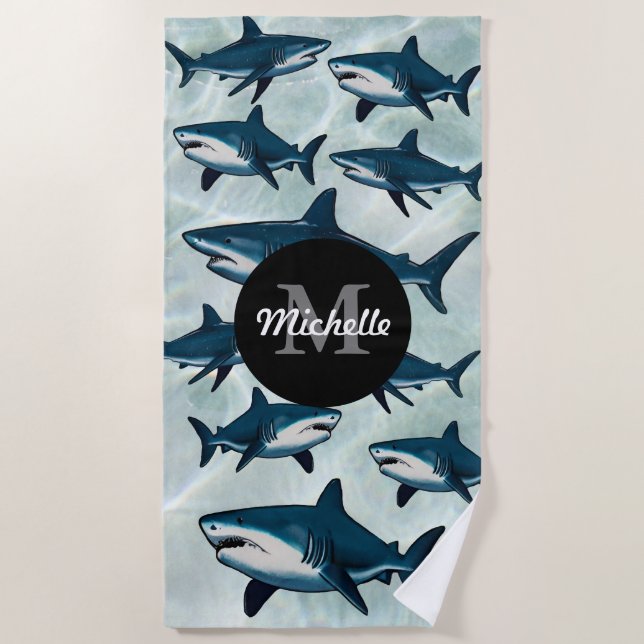 Serviette De Plage Elégant requin bleu blanc Monogramme personnalisé (Devant)