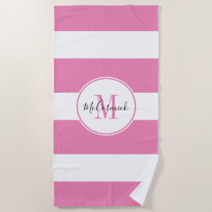Serviette De Plage Élégant rose blanc rayures or Monogramme Nom
