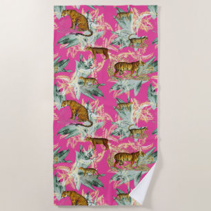 Serviette De Plage Élégant Safari Tropical Wild Cats Tiger Hot rose
