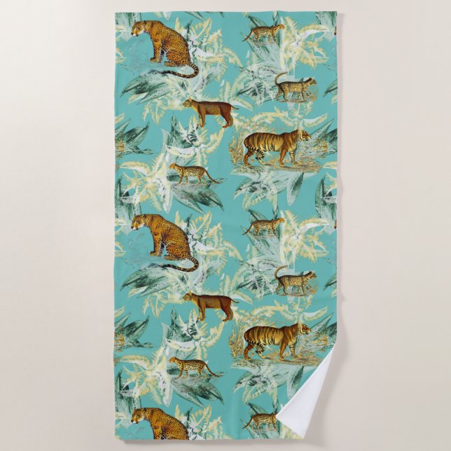 Serviette De Plage Elégant Safari Tropical Wild Cats Tiger Turquoise  (Devant)