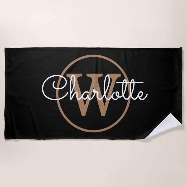 Serviette De Plage Élégant script de monogramme d'or noir (Devant)