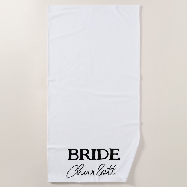 Serviette De Plage Élégant Script Mariée Noir Blanc (Devant)