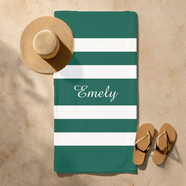 Serviette De Plage Élégant Vert Vert Grandes Blancs Nom du Motif (Modern Elegant Green Stripes Pattern Name Beach Towel)