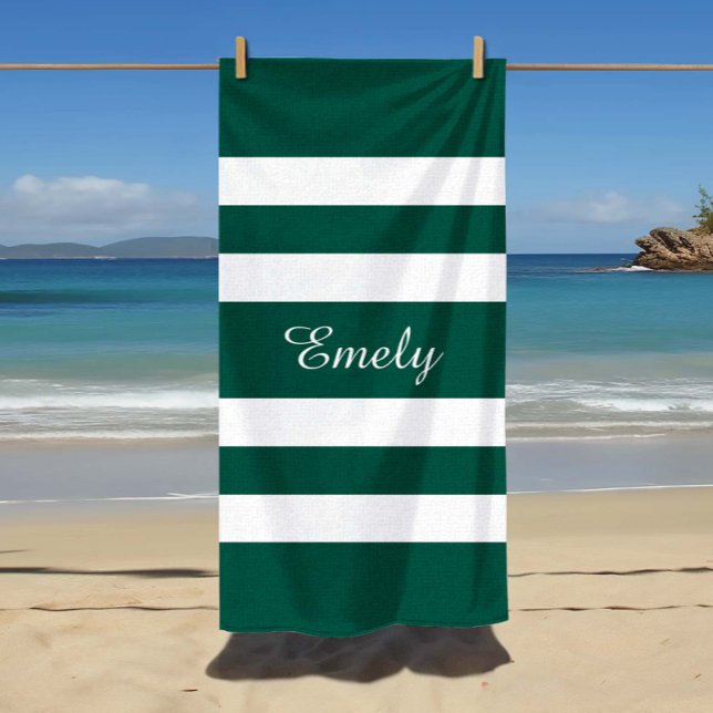 Serviette De Plage Élégant Vert Vert Grandes Blancs Nom du Motif (Custom Name Modern Elegant Green White Stripes Pattern Name Beach Towel)