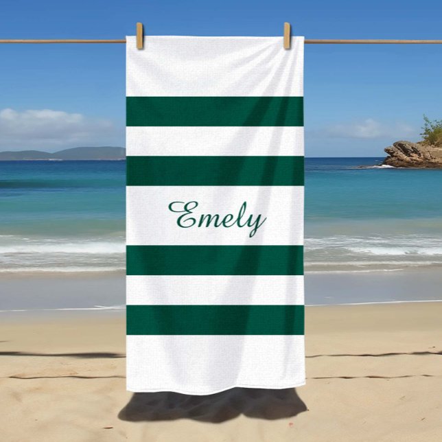 Serviette De Plage Élégant Vert Vert Grandes Blancs Nom du Motif (Modern Elegant Green White Stripes Pattern Name Beach Towel)