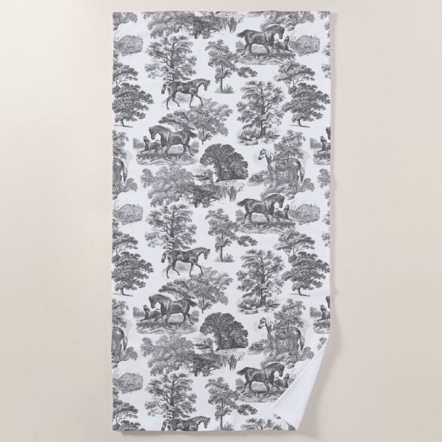 Serviette De Plage Elegant Vintage Rustic Black White Horses Toile  (Devant)