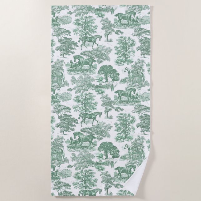 Serviette De Plage Elégant Vintage Sage Vert Cheval Blanc Toile (Devant)