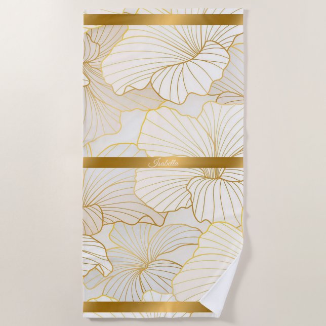 Serviette De Plage Elégante collection moderne or blanc ligne florale (Devant)
