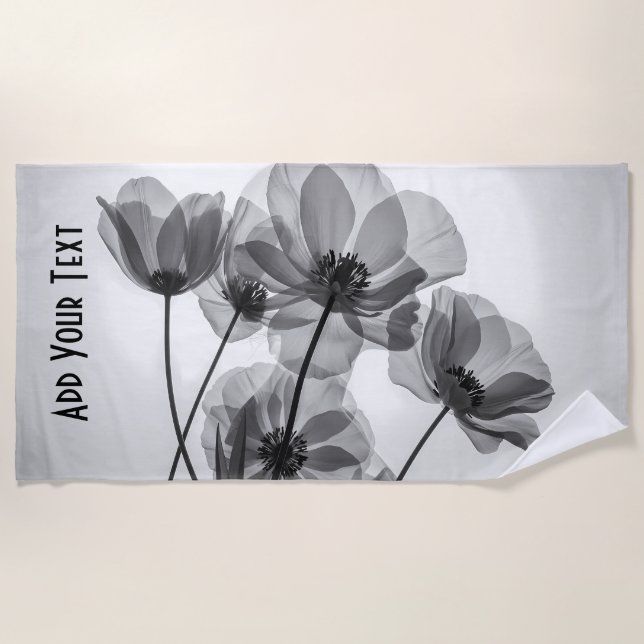 Serviette De Plage Élégante fleur de pavot noir et blanc (Devant)