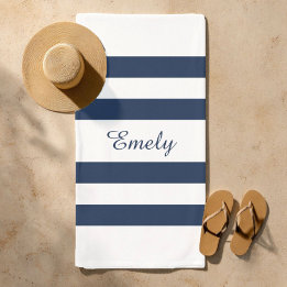 Serviette De Plage Elégante Motif Moderne Bleu Et Blancs Nom