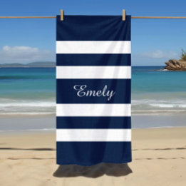 Serviette De Plage Elégante Motif Moderne Bleu Et Blancs Nom