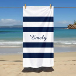 Serviette De Plage Elégante Motif Moderne Bleu Et Blancs Nom