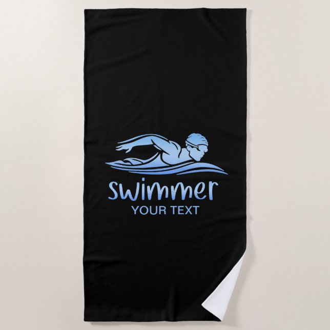 Serviette De Plage Elégante nage Bleu Noir, Piscine de bain (Devant)