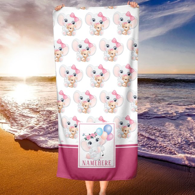 Serviette De Plage Eléphant rose de fille avec Motif de la cou et du  (Créateur téléchargé)