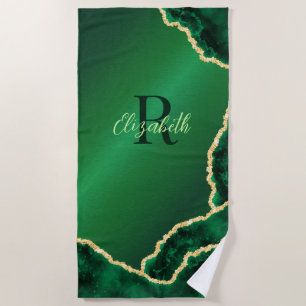 Serviette De Plage Emerald Green et Gold Geode Élégant Monogramme