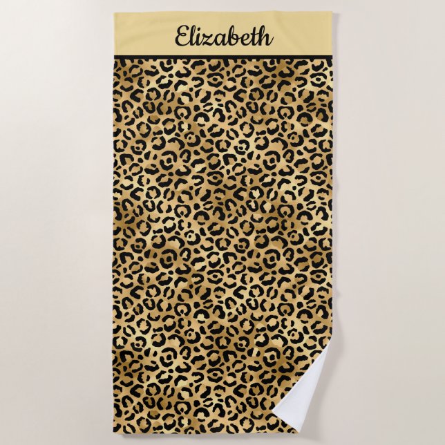 Serviette De Plage Empreinte de léopard noir et or monogrammé Cheetah (Devant)