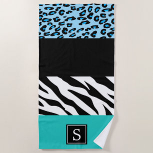 Serviette De Plage Empreinte de léopard, Zebra Print, Bleu, Monogramm