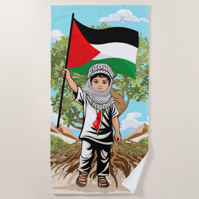 Serviette De Plage Enfant avec Keffiyeh Palestine Drapeau et olivier (Devant)
