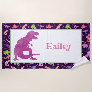 Serviette De Plage Enfants Dinosaure Purple Personnalisé Aquarelle T-