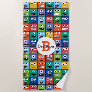 Serviette De Plage Enfants Monstre Face Motif Monogrammes colorés Gar