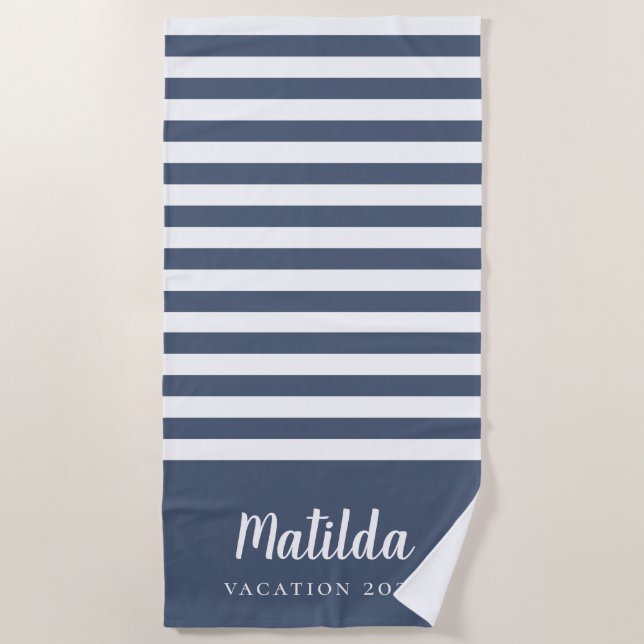 Serviette De Plage été personnalisé bleu marine et blanc  (Devant)