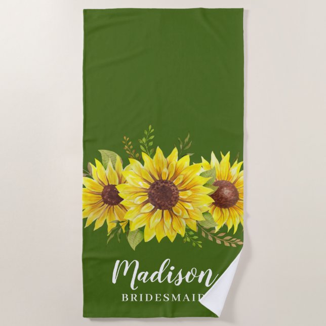 Serviette De Plage Été Tournesol Aquarelle Vert Bridesmaid Favoriser (Devant)