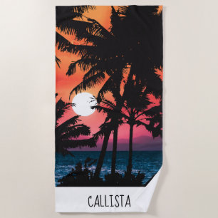 Serviette De Plage Été Tropical Pink Orange Palm Trees coucher du sol