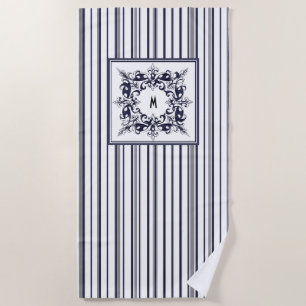 Serviette De Plage Étiquette Vintage et monogramme de la bande bleue 