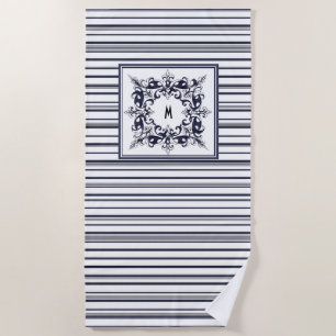 Serviette De Plage Étiquette Vintage et monogramme de la bande bleue 