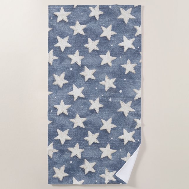 Serviette De Plage Étoiles Blanches Bleues   (Devant)