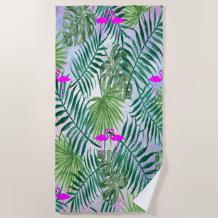 Serviette De Plage Exotique Tropicale, Feuilles De Palmiers, Flamants