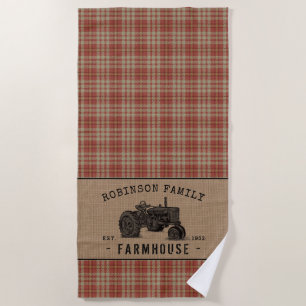 Serviette De Plage Family Farmhouse Rustic Tractor Red Plaid