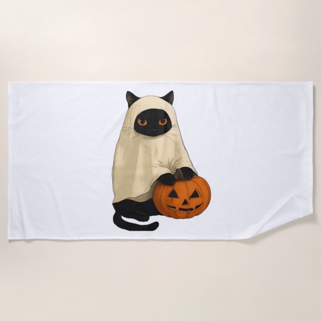 Serviette De Plage Fantôme de chat noir avec T-shirt Citrouille essen (Devant)