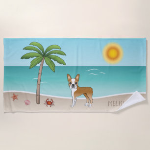 Serviette De Plage Faon Boston Terrier sur une plage tropicale en été