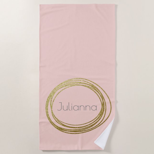 Serviette De Plage Faux Gold Abstrait Circle Design avec nom rose (Devant)