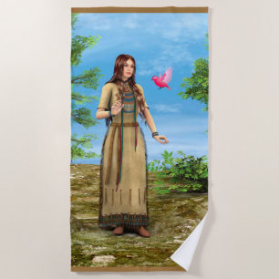 Serviette De Plage Femme amérindienne et oiseau