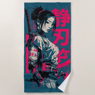 Serviette De Plage Femme Samouraï Katana Street Art Japonais Kanji De