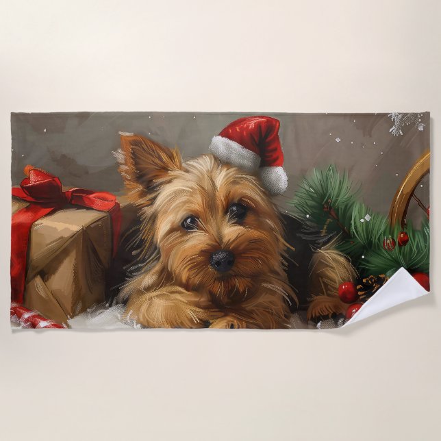 Serviette De Plage Festival de Noël du chien Terrier australien (Devant)