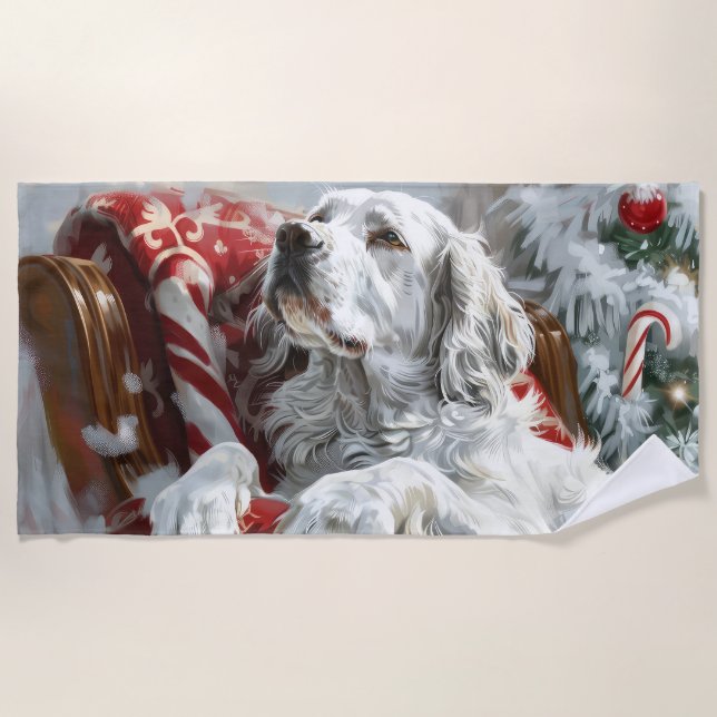 Serviette De Plage Festive de Noël de Chien Setter anglais (Devant)