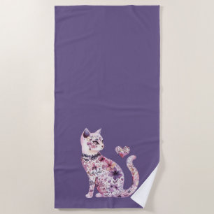 Serviette De Plage Fête de chat floral coeurs violets roses roses