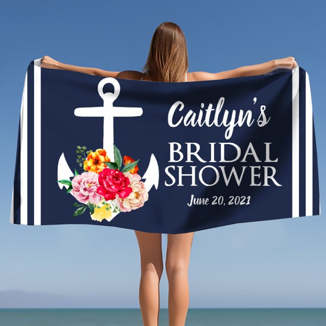 Serviette De Plage Fête de mariage personnalisée avec ancre florale s (Personalized Floral Anchor Bridal Shower Beach Beach Towel)